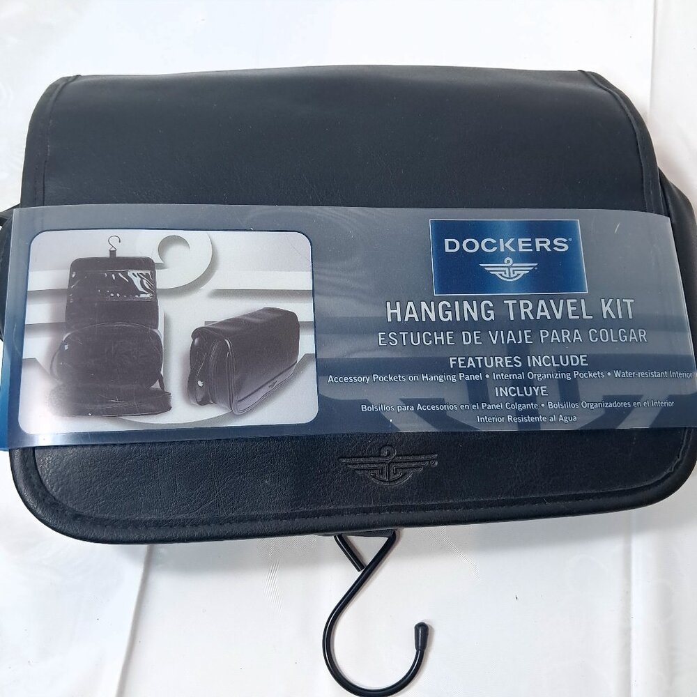 New Dockers Hanging Travel kit Black faux leather‎ vinyl tri-fold Toiletry case